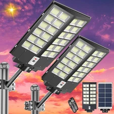 2X 10000W Commercial Solar Street Light Dusk to Dawn Parking Lot Road Area Lamp