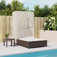Doppel-Sonnenliege Mit Dach Und VorhäNgen Poly Rattan Braun Garten