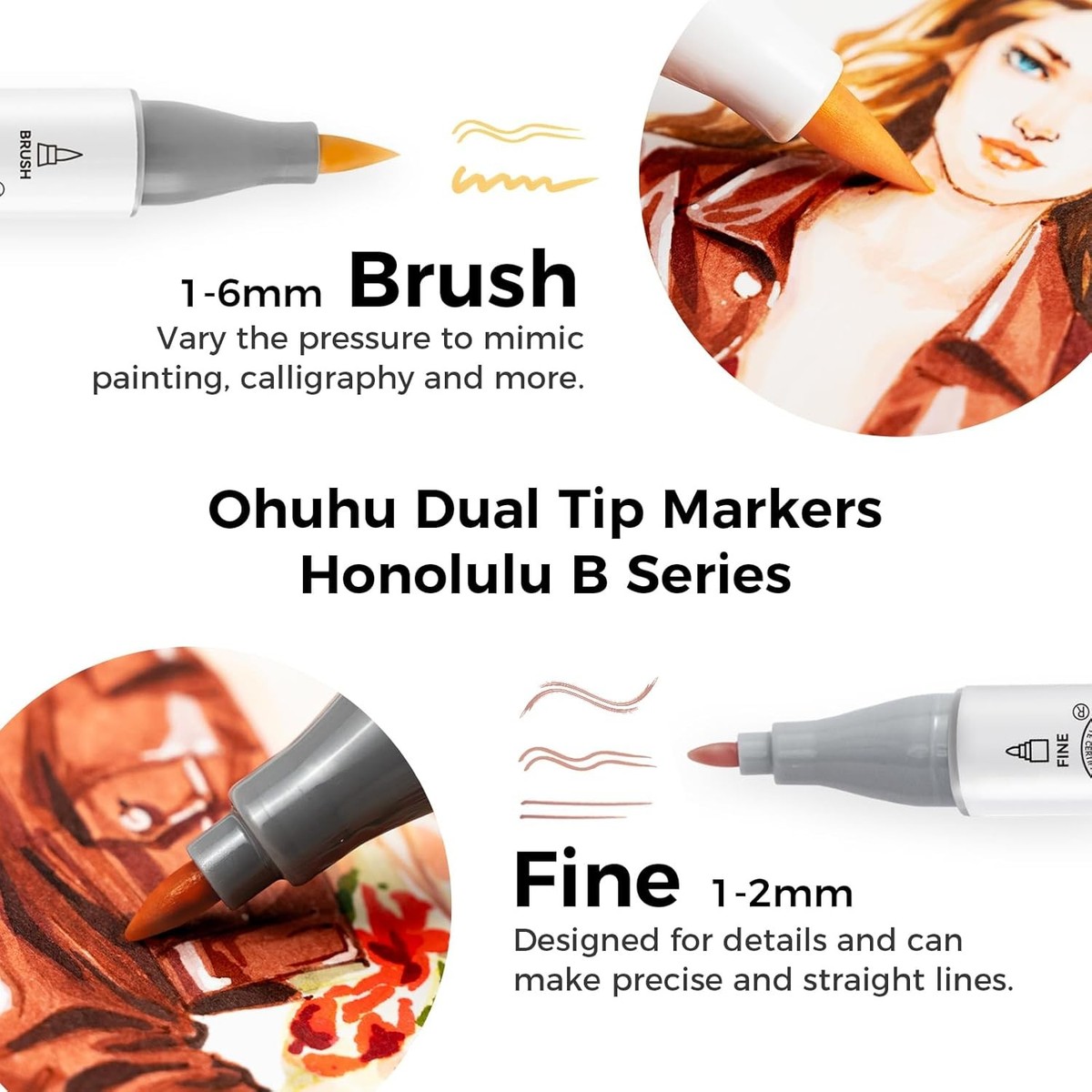 Ohuhu 36 Portrait Skin Colors-Refillable- Brush & Fine Dual Tips