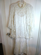 a la Carte Lace Drop Waist Dress 80s Ivory Lined Faux pearl Beaded made in USA