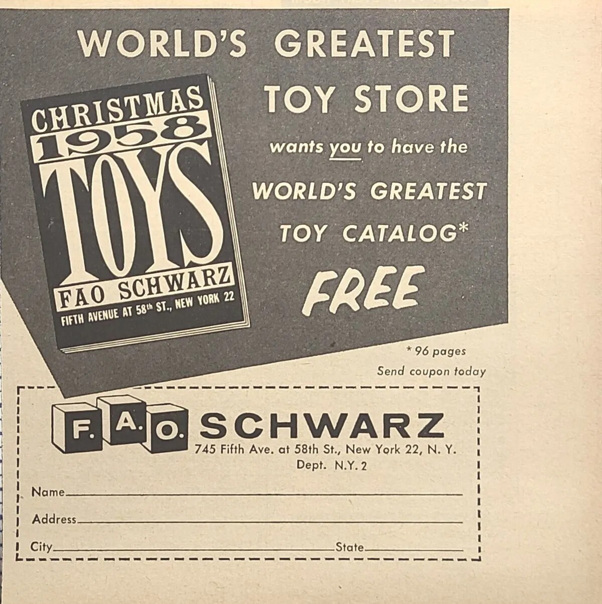 F. A. O. Schwarz Toy Store Fifth Ave NY Vintage Print Ad 1958