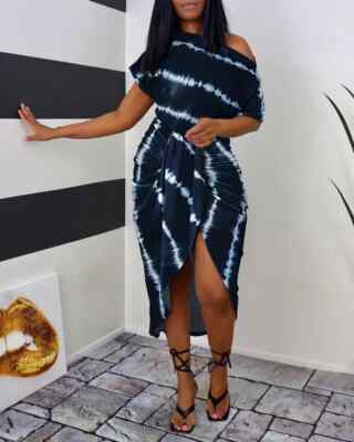tie dye print ruched slit casual dress Tie Dye Print Ruched Slit Casual Dress