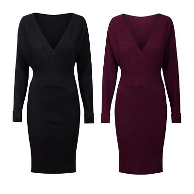 Ladies Burgundy Ribbed Open V Neck Jumper Dress Midi Long Sleeve UK