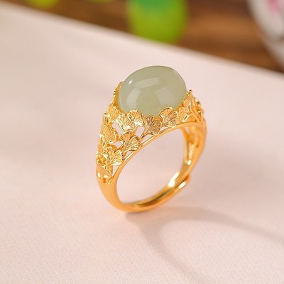 F02 Ring vergoldete Ginkgo-Blätter ovale Jade Sterling Silber 925 verstellbar