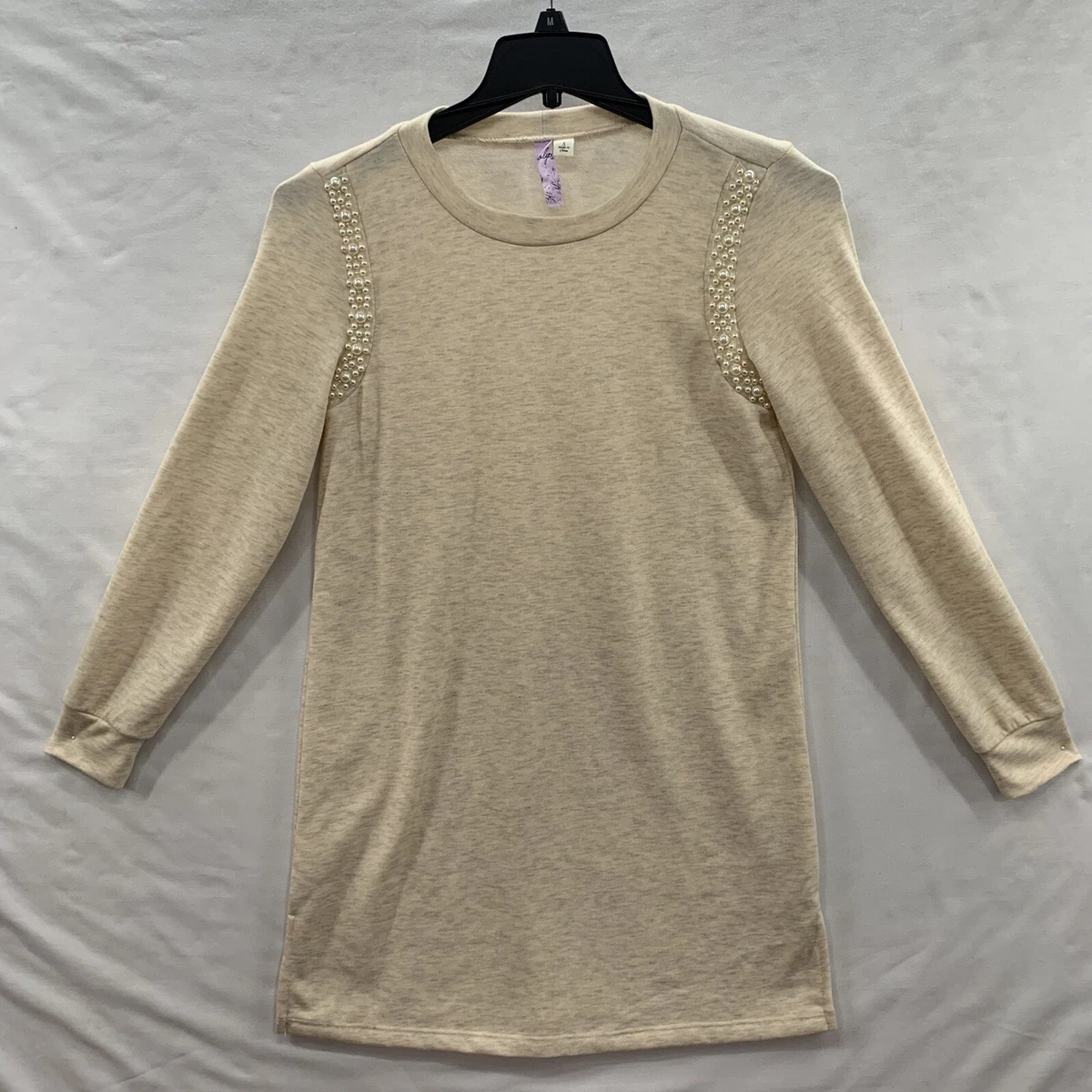 ALYA Tm Women s Beige Ivory Pullover Sweater Dress Tunic Beaded
