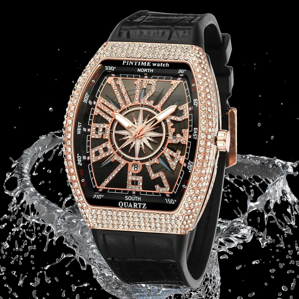 FANMIS Hombres Calavera Cara Grande Relojes Rectángulo Punk Diamante Cuadrante Correa de Cuero Cal Foto 2 de 4