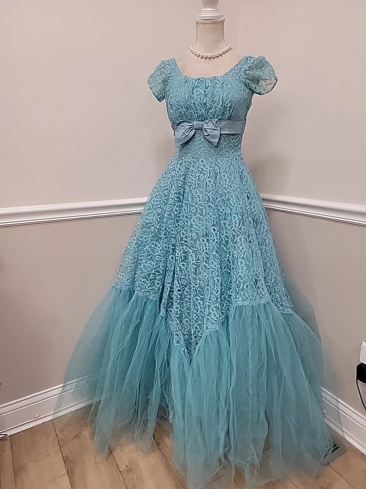 Maxi Vestido Falda Circular Vintage Años 50 Mediados de Siglo Encaje Tul Fiesta Baile de graduación Foto 4 de 4