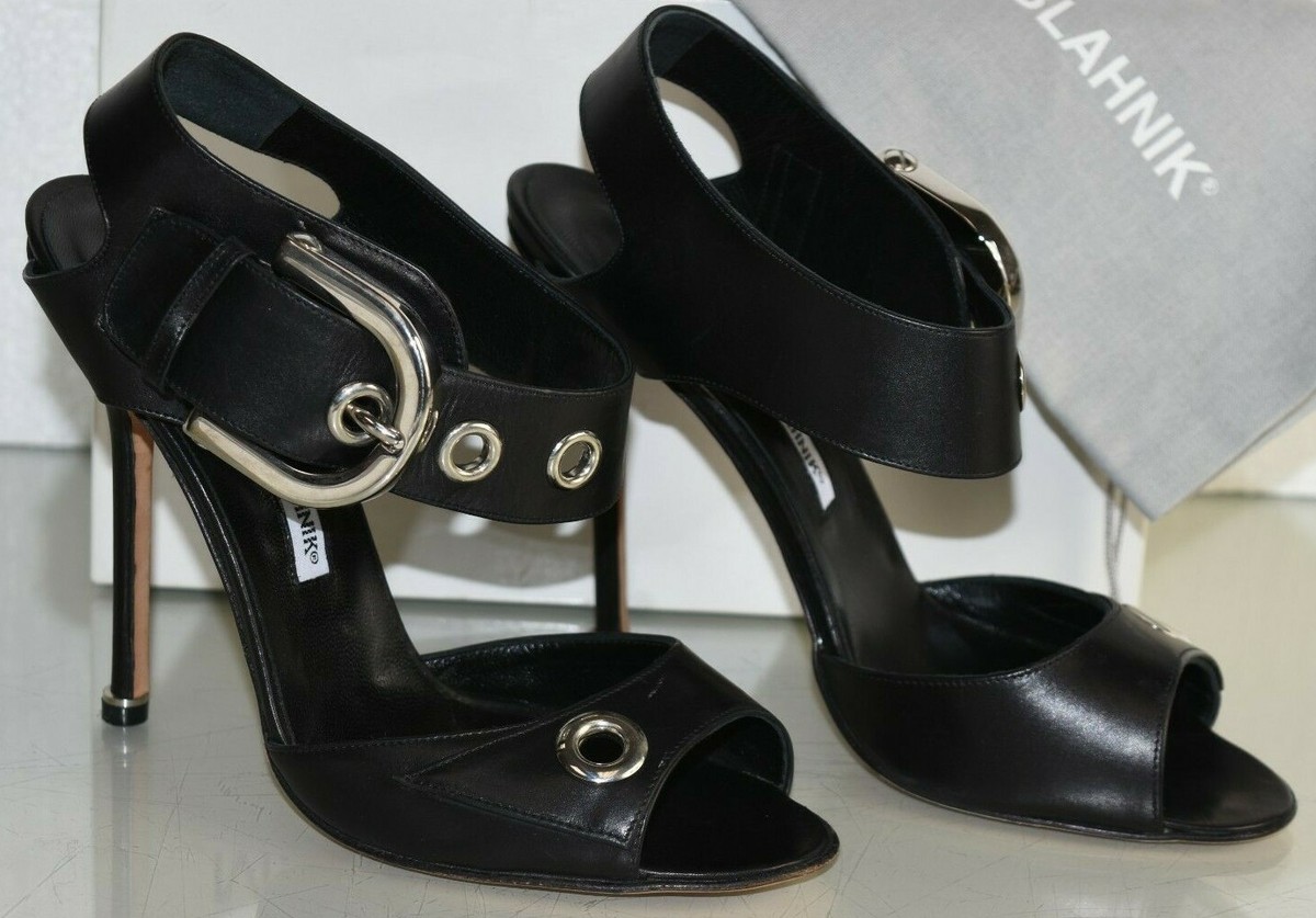$1295 New Manolo Blahnik Koyu 115 Black Leather Sandals Peep Toe