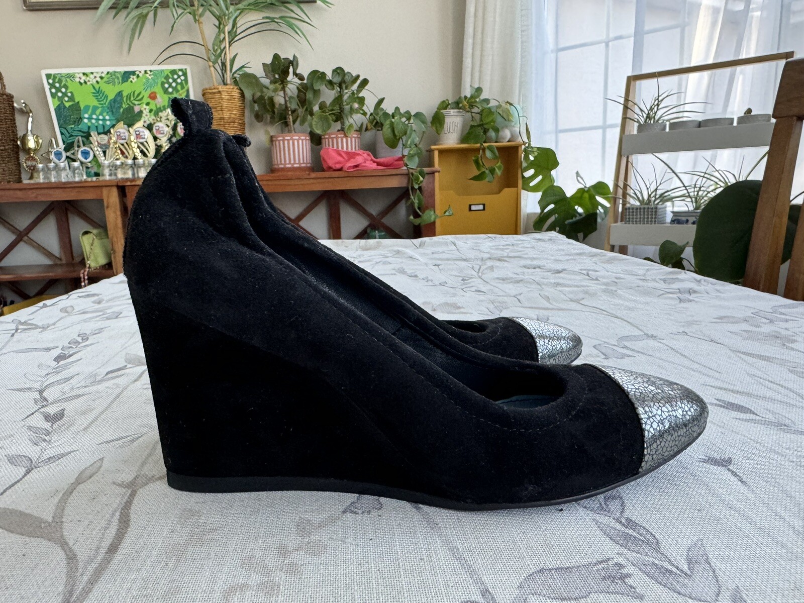 Lanvin Paris Black Suede Ballet Wedge Heels EU 36, NWOB | Metallic Toe image 3