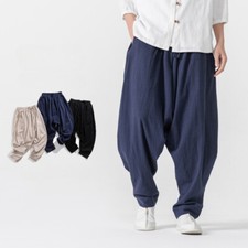 Hommes Ample Décontracté Conique Pantalon Coton Lin Taille Élastique Kung Fu