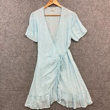 Billabong Wrap Dress Womens Large Blue Floral Short Sleeve V-Neck 52426