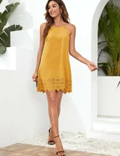 NEW Shein M 6 Women's Dress Yellow Laser Cut Hem Cami Sundress Mini Boho Shift