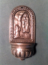 Basen na wodę święconą Wiszący na ścianie Maria Religia Bóg Wiara Cyna antyk Vintage