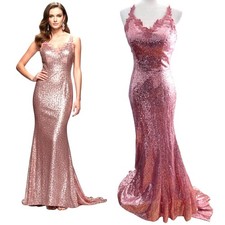 Hebeos Sequin Mermaid Formal Maxi Evening Dress Wmn's Sz 6 Pink Strappy V Neck