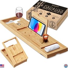 Expandable Bamboo Bathtub Tray Caddy with Wine Glass Slot  Device Holder
