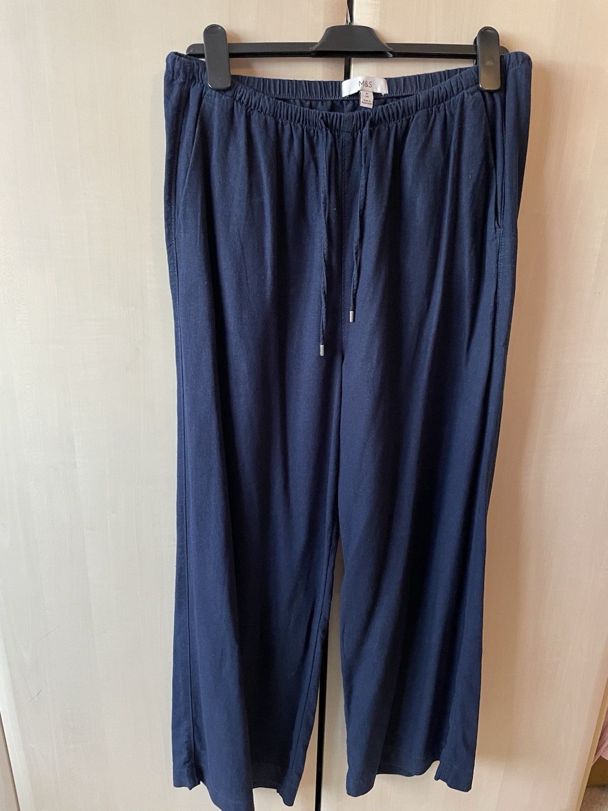 M&S Navy Blue Wide Leg Drawstring Waist Linen Trousers Size 14 Short