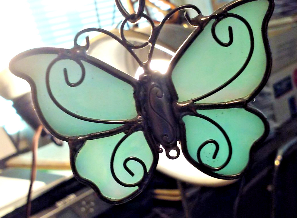Crafted Stained Glass Butterfly Pendant Necklace Silver-Tone Frame w/ 18