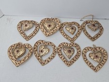 Valentines Day beaded dangle gold red heart ornament hanging lot 4"