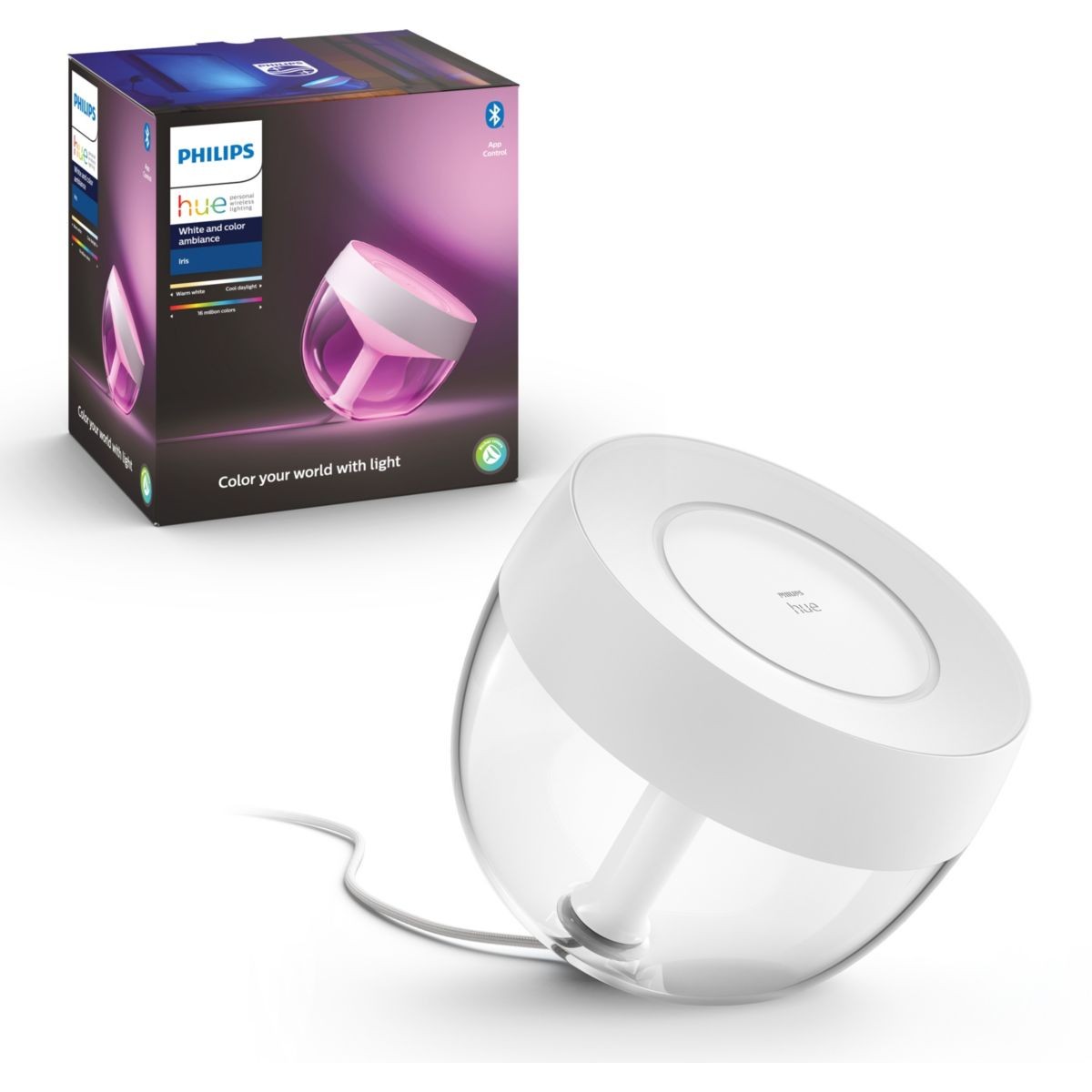 Lampe connectée Philips Hue Iris blanche avec contrôle vocal et 16 millions de couleurs