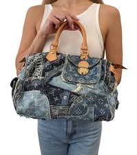 Borsa Louis Vuitton Vintage Monogram Patchwork Denim Speedy 30 Boston Blu Marrone