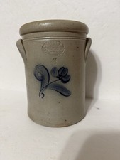1990 ROCKDALE Union Stoneware  Amish Buggy/Floral Blue Gray Utensil CROCK