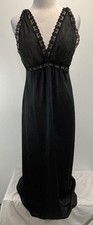 Vtg Deena Long Nylon Nightgown Women  s L Black Lace Trim Made USA 70s