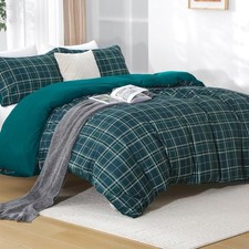 Duvet Cover Queen Size 3 Pieces Plaid Duvet Cover Set Reversible Dark Green