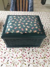 Green Rattan Sewing Box with COTTON REEL Fabric Covering 32cm X 28cm X 20cm