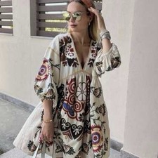 Blogger Favorite Zara Heavy Embroidered Linen Blend Mini Dress Boho Floral M