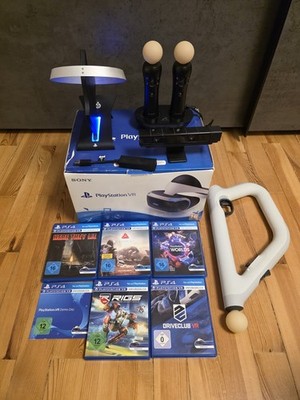 PSVR + LED-Stand, 2× Move- & Aim-Controller +Dock, Kamera+PS5-Adapter, 5 Spiele