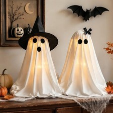 Halloween Decorations Light-Up Ghosts with Witch Hats, Indoor 21.5inch, White
