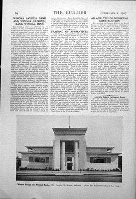 Alter Druck Winona Sparkasse und Nationalbank George W Maher Architekt 1917 20.