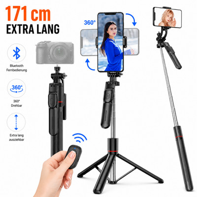 171cm Selfie Stick Stativ mit Bluetooth 360° für Smartphone Kamera Teleskop Alu