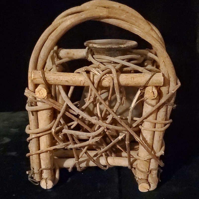 Hand made Rustic/Primitive Bent Wood & Clay Vessel Woven Into Bent Wood Holder