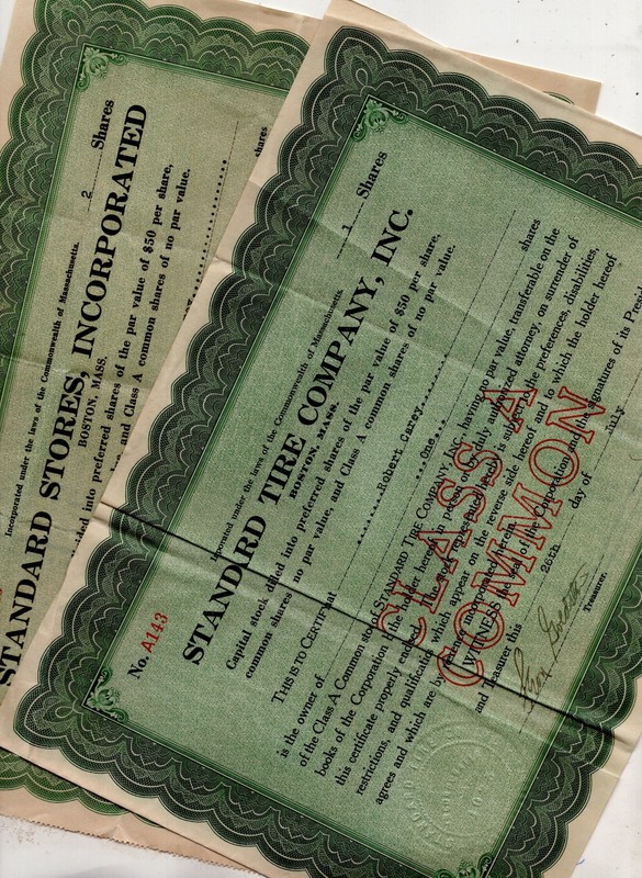 2pc 1929-30 STANDARD STORES INC & STANDARD TIRE CO INC STOCK CERTIFICATES ID#30