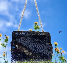 Vintage Black Beaded Purse Goldtone Chain OR Clutch Kiss Lock Handmade Hong Kong