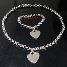 Women Stainless Steel Sweet Heart Charms With Rolo Link Necklace Bracelet Set