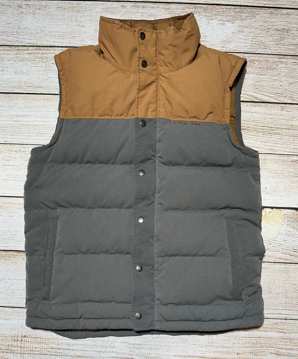 Patagonia Bivy Down Vest Mens Small Brown Gray Puffer Insulated Outdoor Jacket
