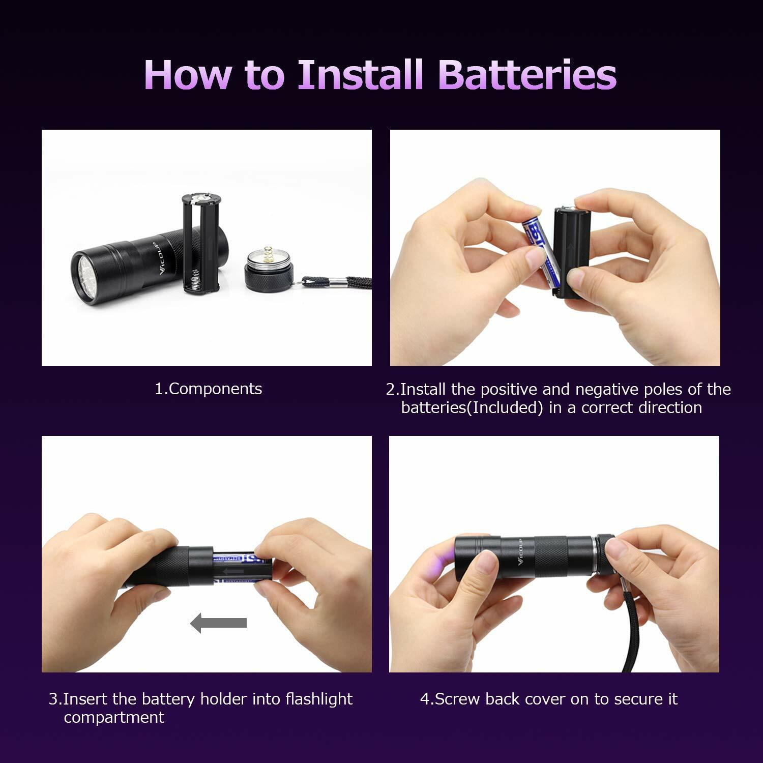 UV Torch, 12 LED Black Light Torches with 6 AAA Batteries, 395nm UV