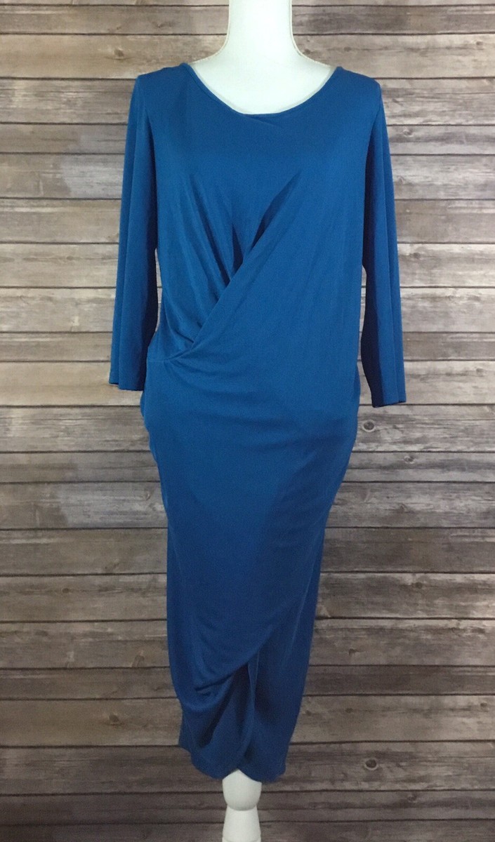 blue elbow sleeve dress Solid Cotton Knit Dress Elbow Sleeve Cold Shoulder Style 457C00 N Navy / X-Small