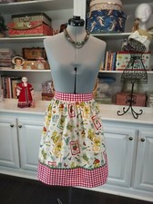 FARMHOUSE HALF APRON handmade w/GARDENING Themes Print  Red Gingham Trims NEW