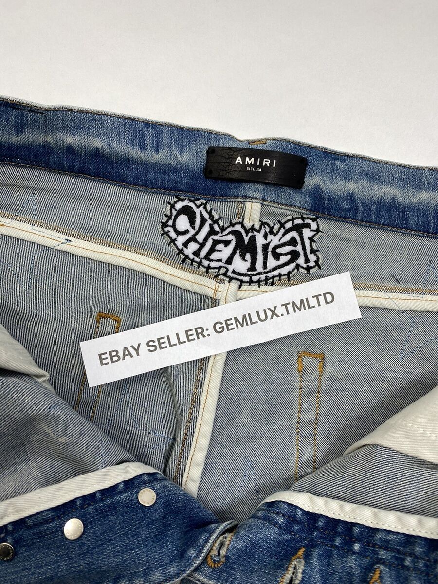 AMIRI X CHEMIST STAR LEATHER APPLIQUÉD BLUE JEANS SIZE: 34 AMIRI X CHEMIST STAR LEATHER APPLIQUÉD BLUE JEANS SIZE: 34