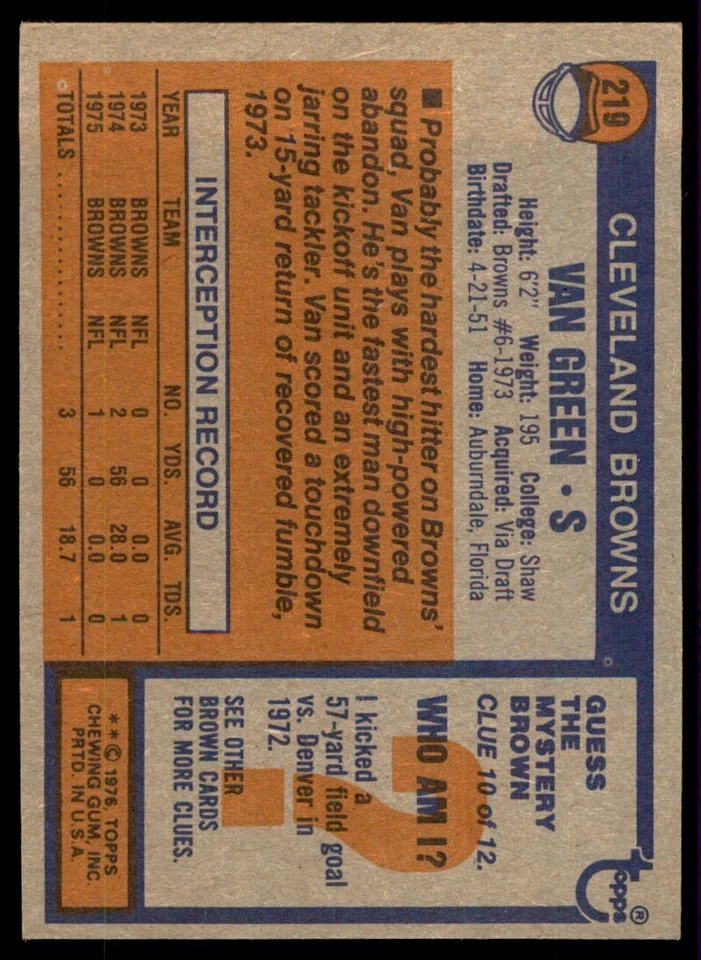 1976 Topps Van Green Football Card Cleveland Browns #219 - Image 2 of 2