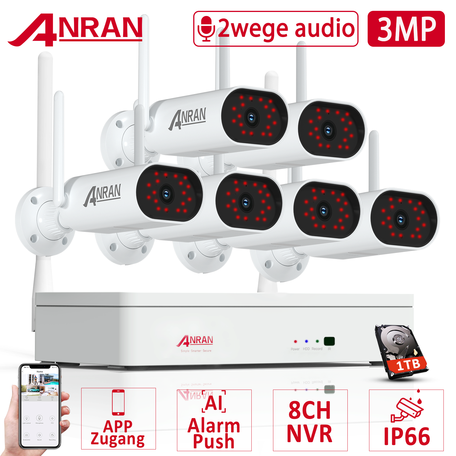 ANRAN Überwachungskamera Set Außen Mit Monitor WLAN IP Camera 5MP 12"1TB Audio E - Foto 6