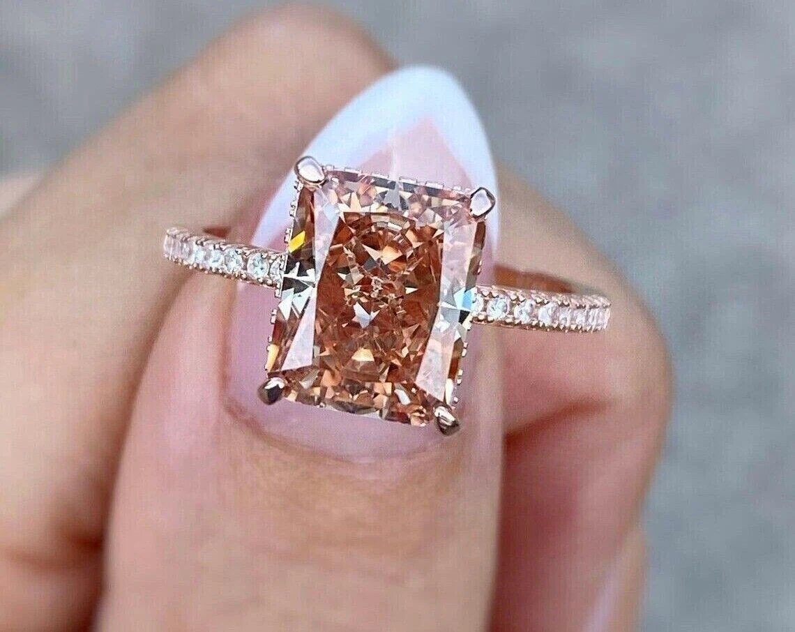3Ct Emerald Cut Lab Created Morganite Engagement Ring 14K Rose