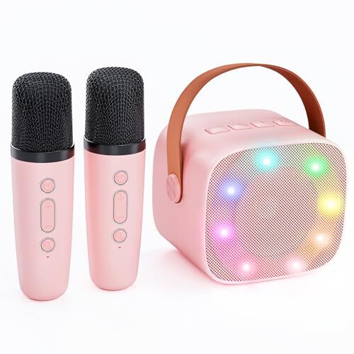 Karaoke Machine for Kids, Portable Bluetooth Speaker with 2 Wireless Pink