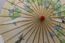 Antique Japanese Asian Parasol Blue Birds Green Flowers Vintage Chinese Umbrella