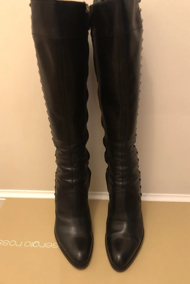 Sergio Rossi Knee High Boots EU 37.5 Stiletto Heels Black Leather Zip ITALY - Image 4 of 4