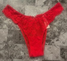 VICTORIA'S SECRET L RED FLORAL LACE RHINESTONE MESH BOW CHARM BRAZILIAN PANTIES