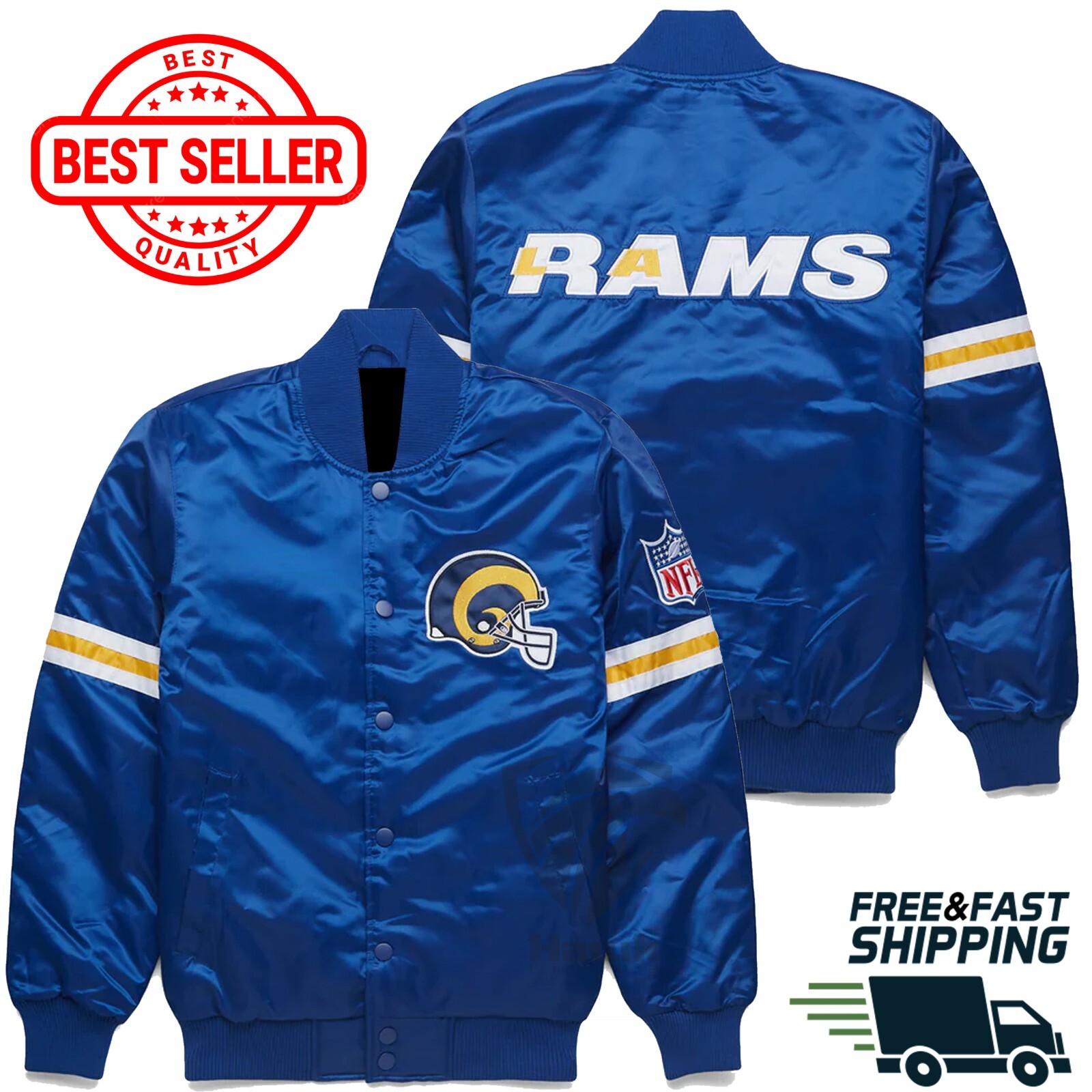 Letterman NFL Vintage Los Angeles Rams Blue Satin Bomber Varsity Jacket Fashion